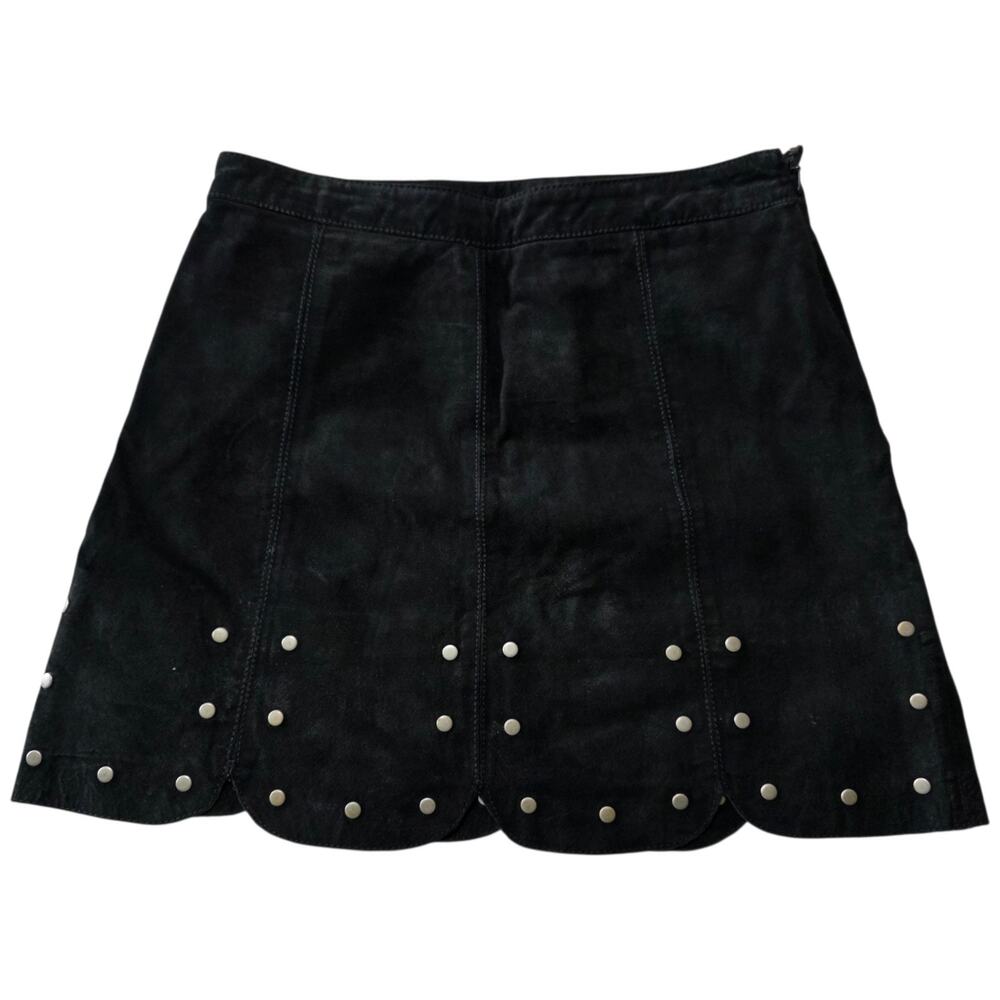 Basement Leather Skirt S Black Studded Scallop Hem Genuine Leather A-Line